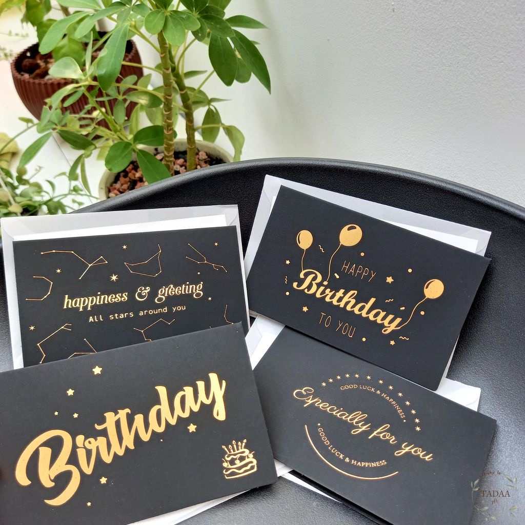 Thiệp chúc mừng sinh nhật Happy birthday đen, thư cảm ơn kèm sticker phong bì trắng đơn giản