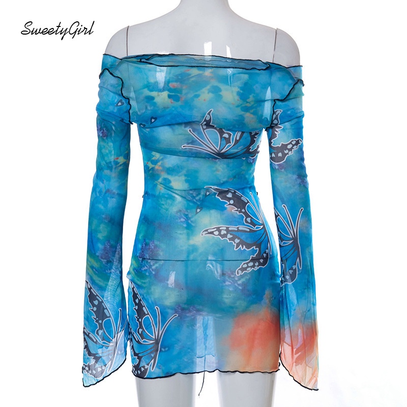 Đầm Mini Tay Dài Trễ Vai In Họa Tiết Bướm Nhiều Màu Quyến Rũ Cho Nữ