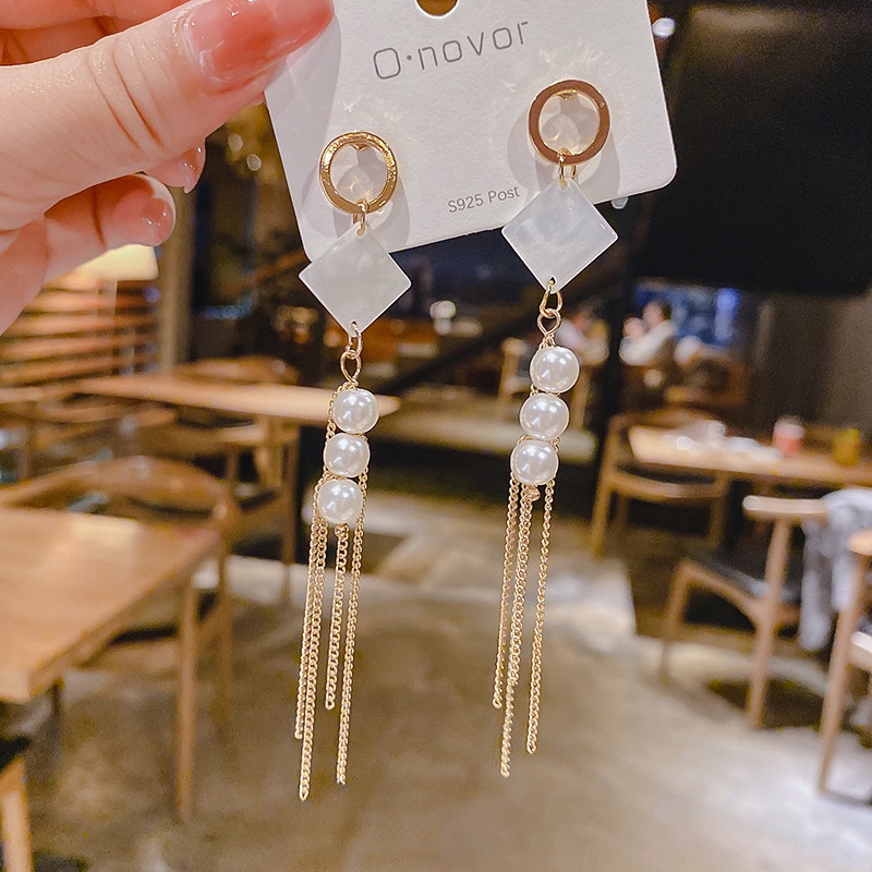 Bông Tai Mạ Bạc 925 Đính Ngọc Trai Tua Rua Dài 2022 Kiểu Mới Phong Cách Hàn Quốc