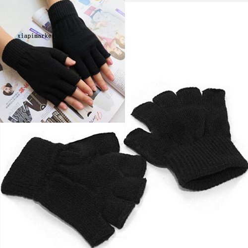Cặp găng tay đan len màu đen hở ngón co giãn giữ ấm vào mùa đông cho nam nữ