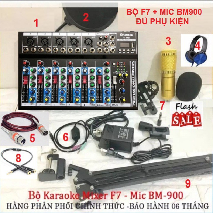 COMBO MIXER F7-MB, BỘ CHỌN ÂM THANH USB BLUETOOTH + MICRO HÁT LIVESTREAM TẶNG TAI NGHE