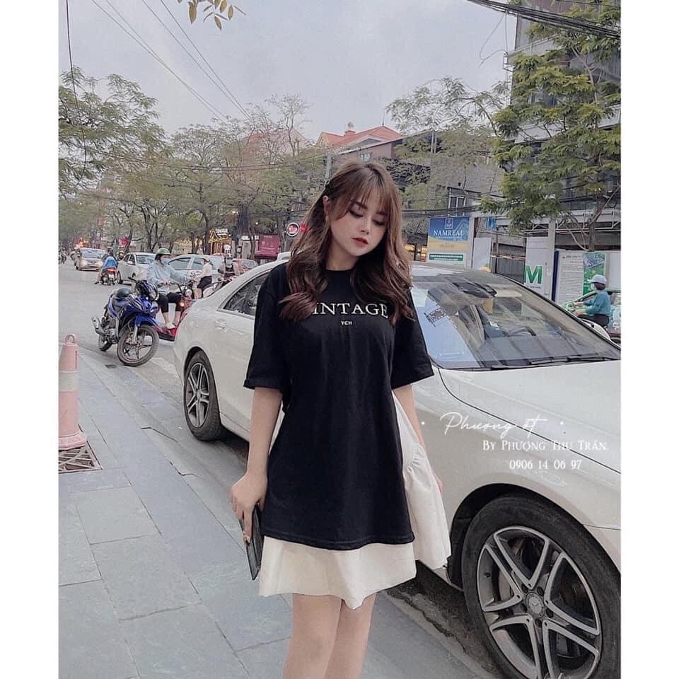 Set áo chân váy vintage dáng xòe phối áo thun xẻ tà phom rộng unisex/ Set đồ nữ phong cách hàn quốc_veestore