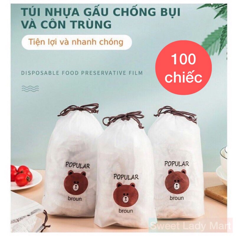 Màng Bọc Thực Phẩm PE Gấu 100 Chiếc Có Chun Co Giãn Tái Sử Dụng Được Nhiều Lần