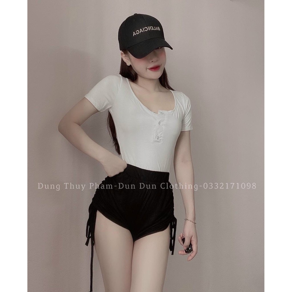 Sét bộ áo croptop cài nút cổ vuông phối quần rút 2 bên cực hot , chất thun gân mềm mịn ( ảnh thật )
