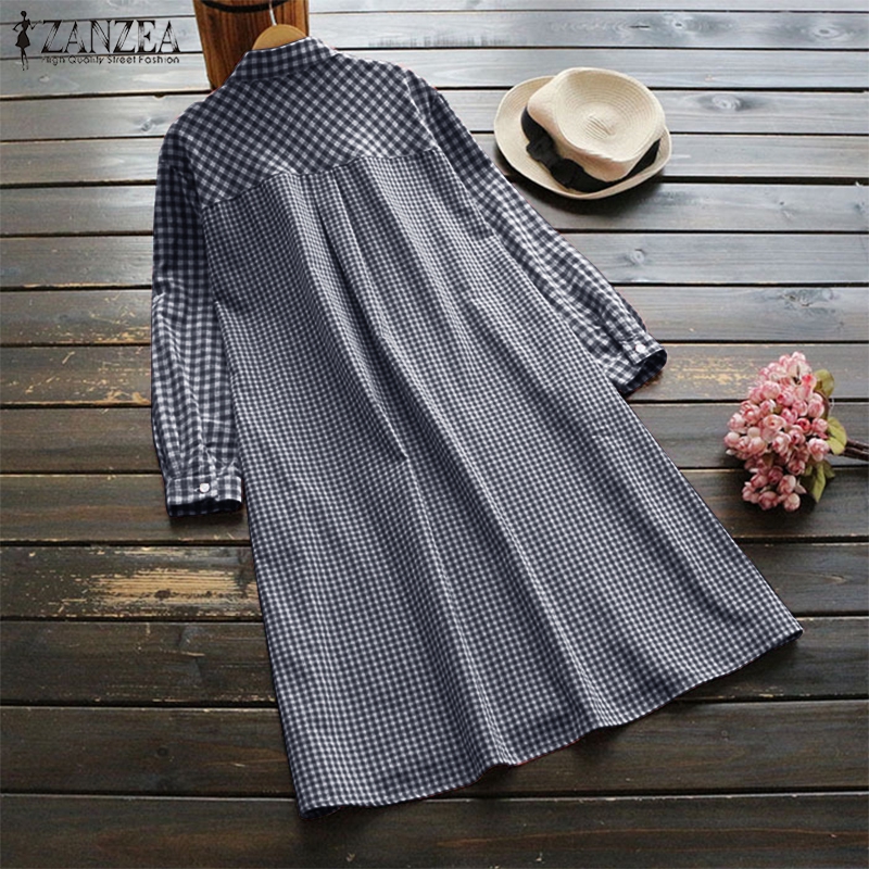Đầm nữ ca rô ZANZEA dài tay cổ bẻ form dài rộng thời trang Hàn Quốc | BigBuy360 - bigbuy360.vn
