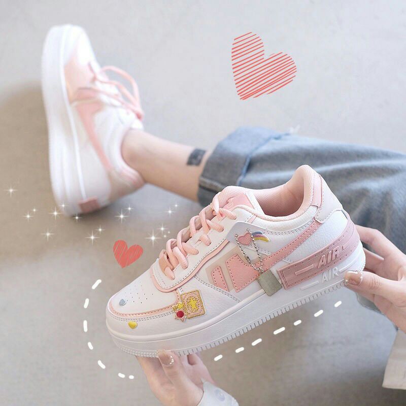 Giày thể thao nữ xinh xắn tông màu trắng hồng pastel kèm phụ kiện ( order taobao )