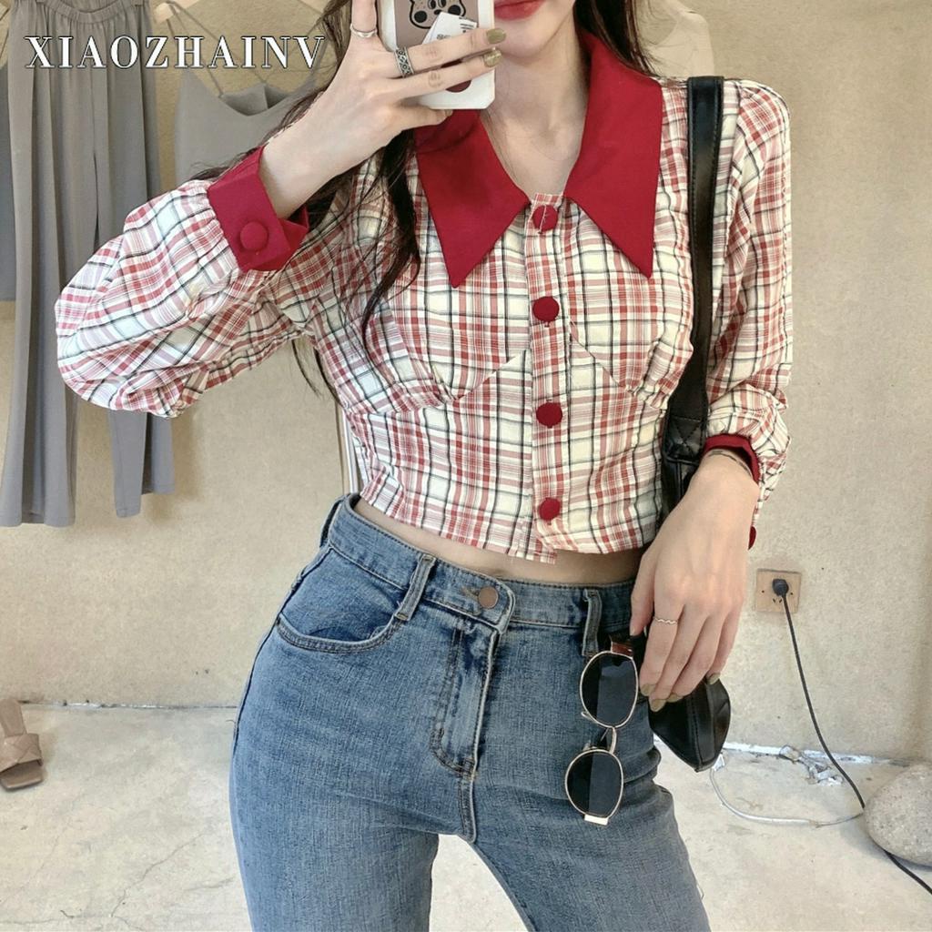 Xiaozhainv Áo sơ mi caro tay dài cách điệu phong cách retro Hàn Quốc thời trang cho nữ