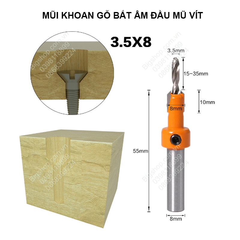 [Bigsellers] Mũi khoan gỗ, nhôm bắt âm đầu mũ vít nhiều kích cỡ, cốt 8mm nhiều kích cỡ