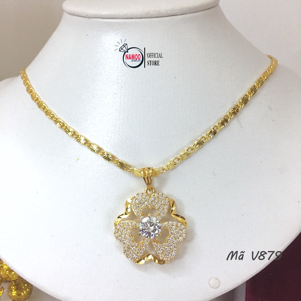 Dây Chuyền Titan Nữ V879 Cỏ Ba Lá Đính Đá Lớn Kết Hợp Dây Dẹt V007 Bền Màu