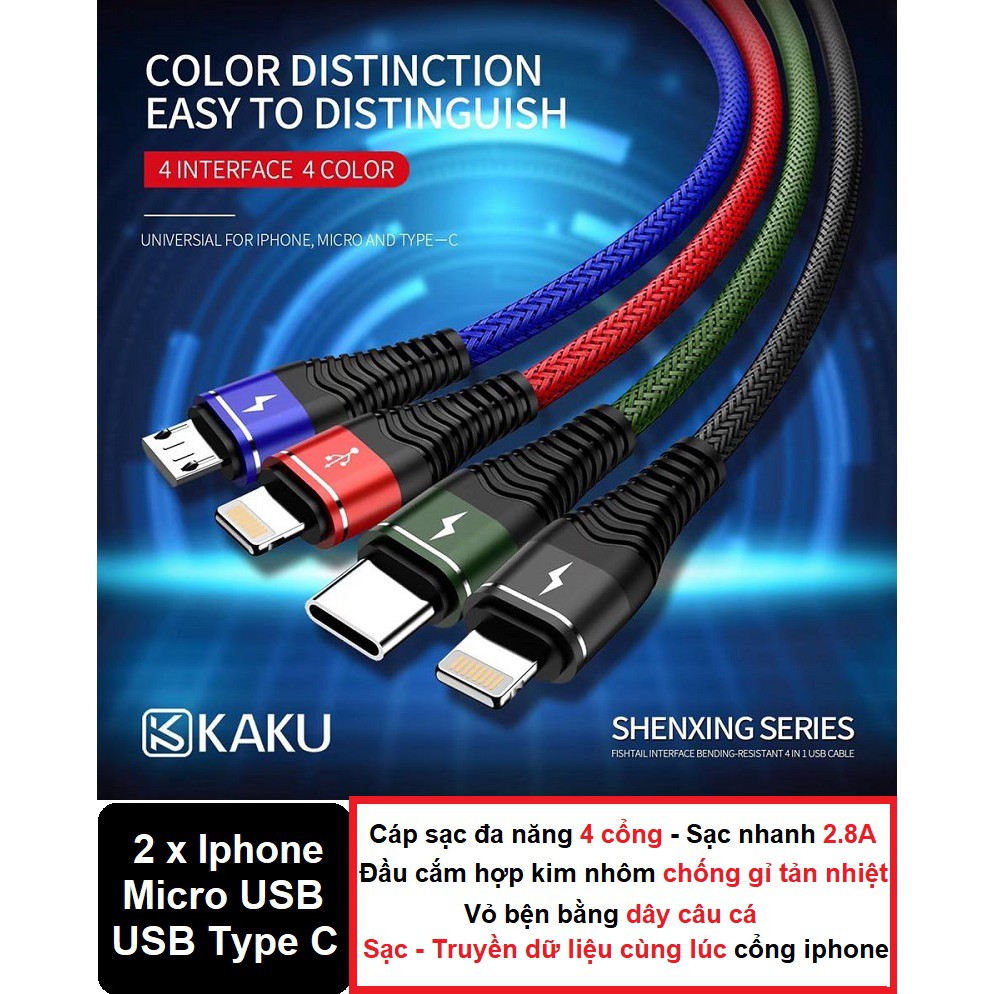 Cáp sạc đa năng 4 đầu KAKU - Sạc nhanh 2.8A - 2 cổng Lightning - USB Type-C - Micro USB