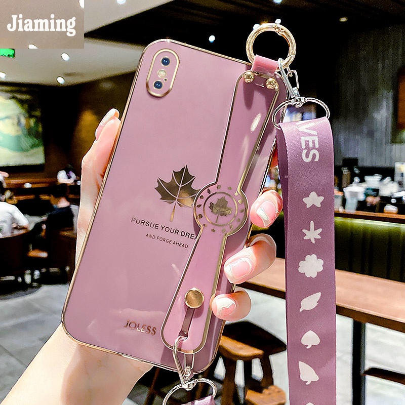Ốp Điện Thoại Viền Lá Phong Mạ Điện Sang Trọng + Dây Đeo Cổ Tay Cho iPhone X XS Max XR