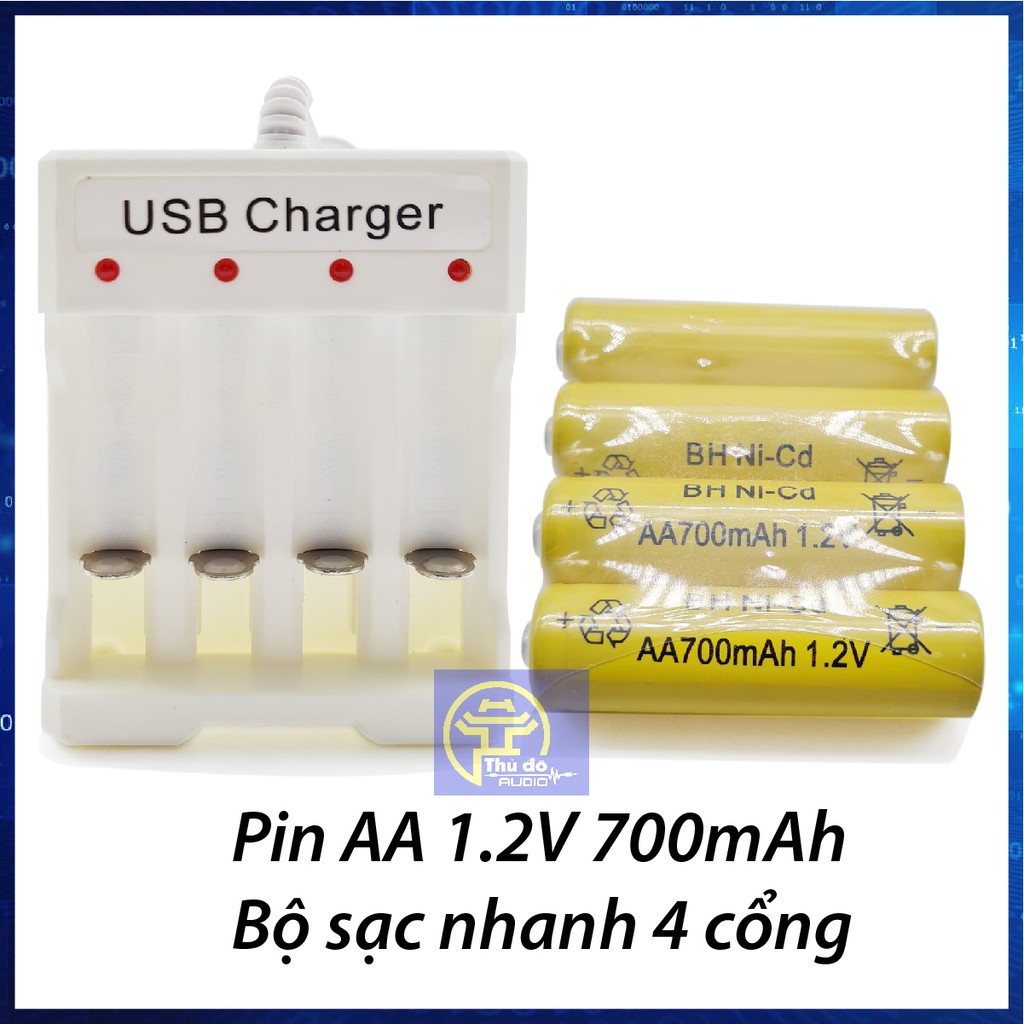 Bộ Vỉ 04 viên Pin AA Ni-Cd 1.2V 700mAh, có thể sạc nhiều lần và bộ sạc pin USB Charger loại tốt