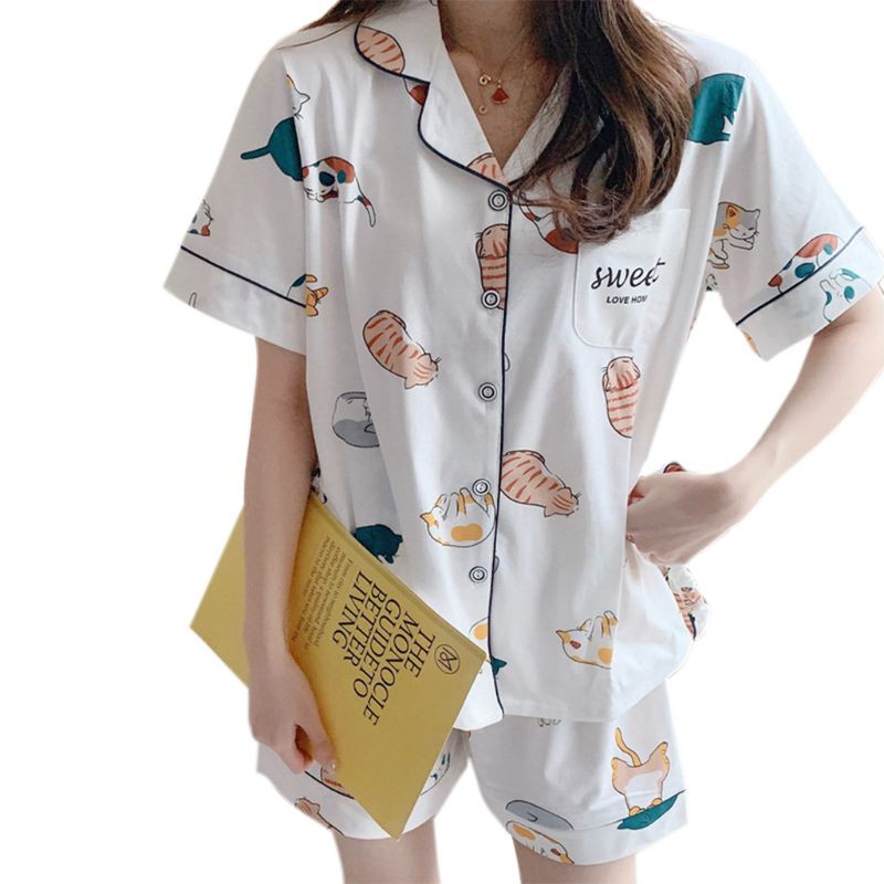 Bộ Đồ Ngủ Cotton Tay Ngắn In Hình Mèo Dễ Thương Thời Trang Mùa Hè Cho Nữ