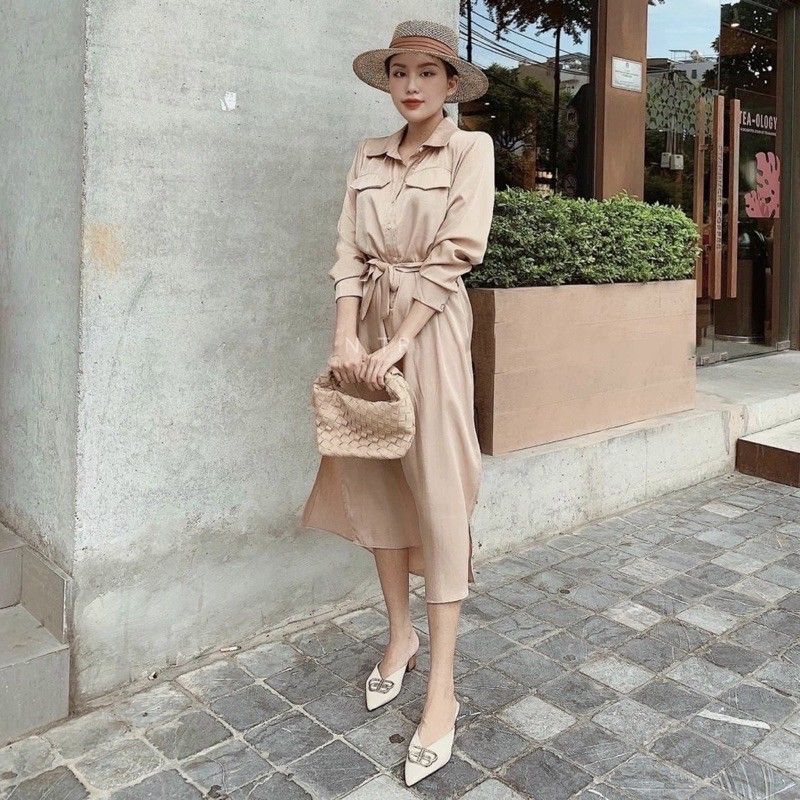 Đầm bầu sơmi công sở cột dây bụng, Váy bầu cho mẹ mặc được cả trước và sau sinh ( kèm hình thật)