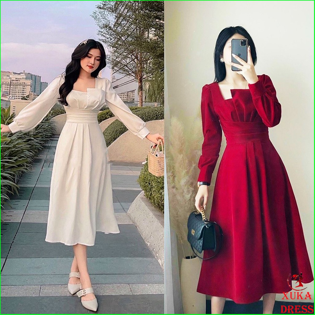 Đầm dự tiệc trắng dập ly ngực tay dài phong cách trẻ trung XUKA-DRESS MT100-chất Lụa cao cấp đẹp