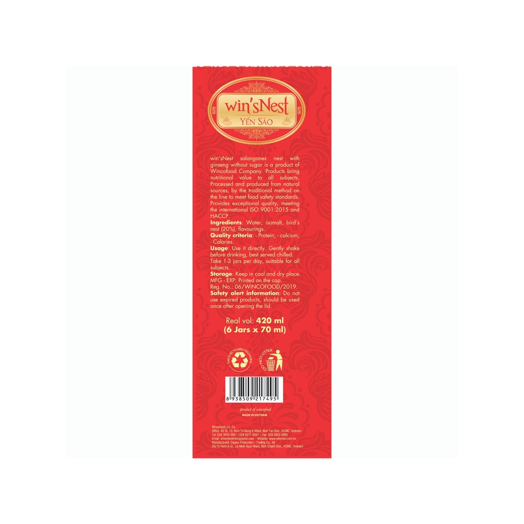 Thùng 6 hộp Yến Sào Win'snest Tổ Yến Chưng Sẵn Nhân Sâm Không Đường 20% (6 lọ x hộp)