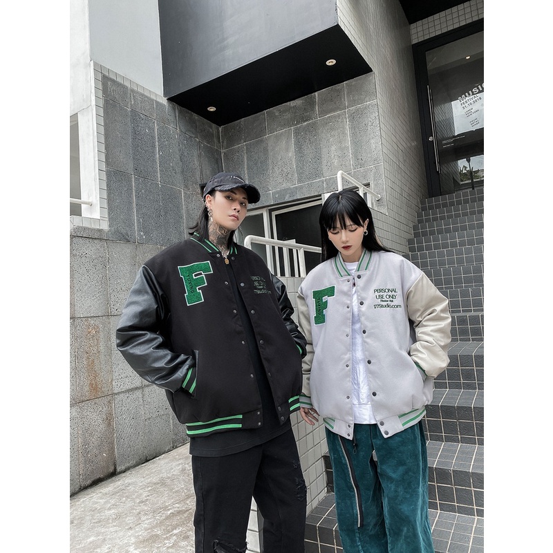 Áo Khoác Bomber Varsity Jacket BOM HOUSE Nam Nữ Chất Liệu Kaki Phối Tay Da Áo 2 Lớp Logo Thêu
