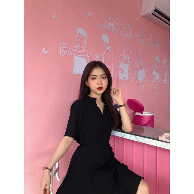 Đầm đen nút rút dây cổ trụ đốn tim ngắn tay - Mya Dress xòe - Freesize -Pink moon store