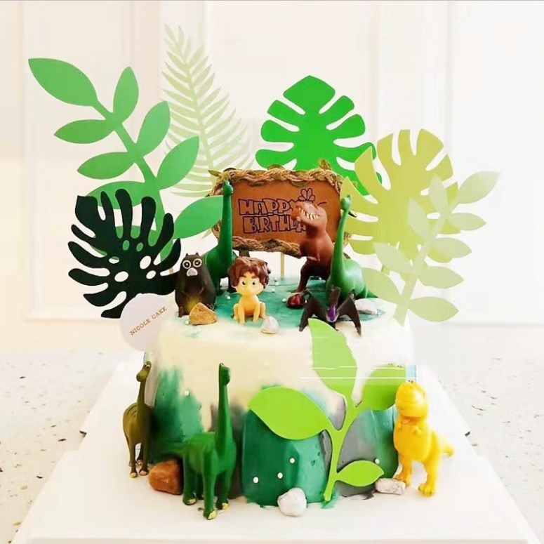 Set 13 Phụ Kiện Trang Trí Bánh Kem Hình Khủng Long Lá Cọ Xanh Nhiệt Đới