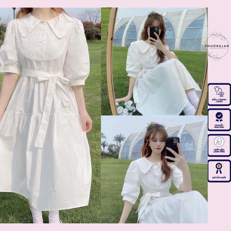 Váy Ulzzang 🌸 Váy tiểu thư cổ bẻ thắt dây eo dành cho nữ phong cách Hàn Quốc chất đũi mịn bánh bèo