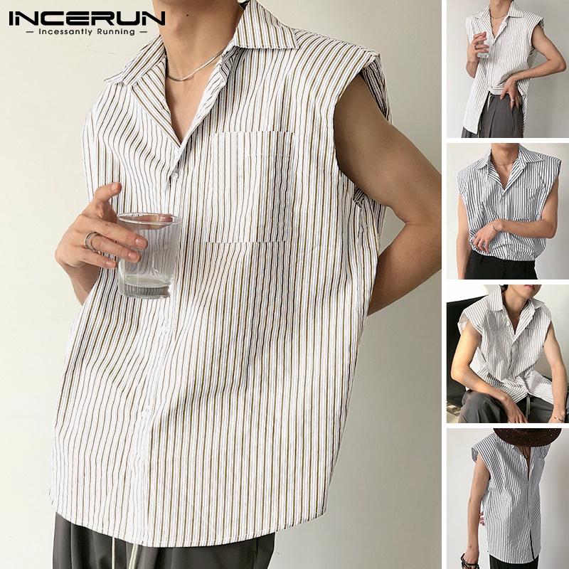 Áo sơ mi INCERUN sát nách đính nút cổ bẻ kẻ sọc thời trang cho nam