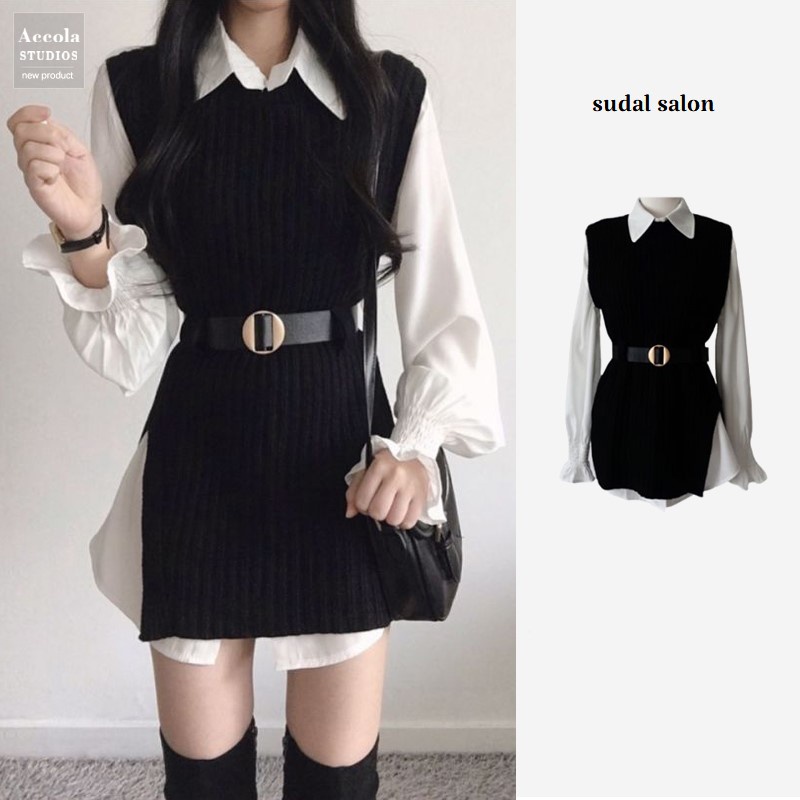 Set áo sơ mi kèm ghile len và đai lưng -Sơ mi kiểu dáng dài tay chun cổ đức kèm gile-Set váy thu đông áo 3 món