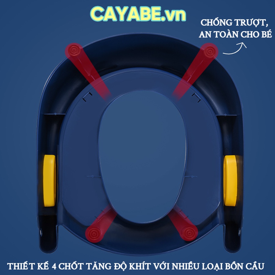Thang bô vệ sinh cho bé gấp gọn CAYABE gấu con, bệ nắp thu nhỏ bồn cầu cho bé có tay vịn và đệm êm ái màu xám - trắng