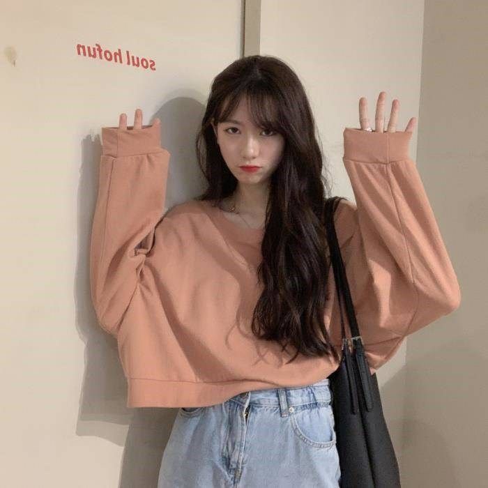 Áo Hoodie Lửng Tay Dài Cổ Tròn Màu Trơn Dáng Rộng Trẻ Trung Phong Cách Hàn Quốc Hợp Thời Trang