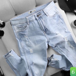 Quần jean nam xanh nhạt trơn rách gối chất bò cao cấp co dãn 4 chiều, quần rin nam đẹp DP98 mẫu mới