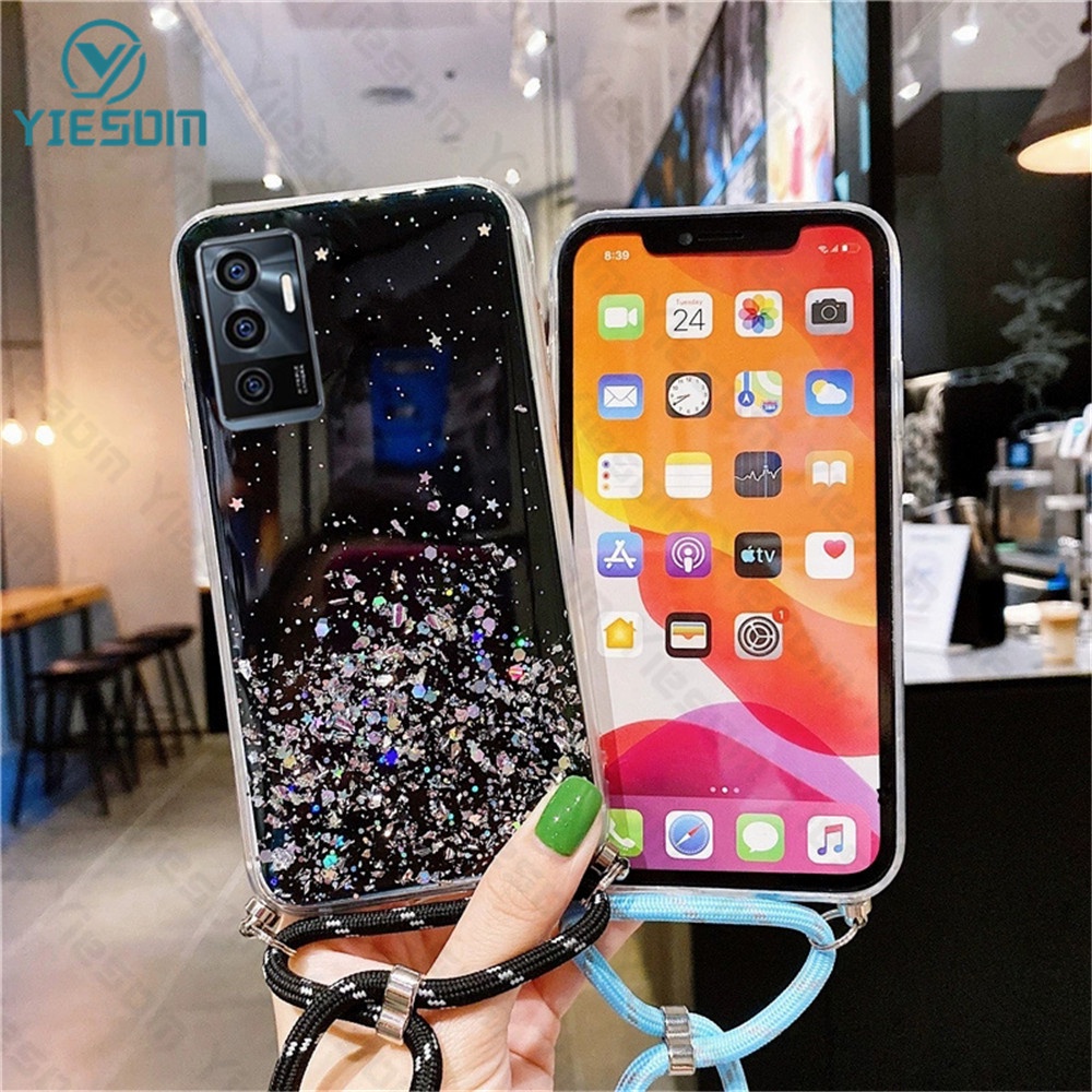 Ốp Điện Thoại Silicon Mềm Trong Suốt Đính Kim Tuyến Có Dây Đeo Sang Trọng Cho Vivo V23E V21E V23 V21 V20SE V20 V19 V15 S1 Pro