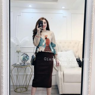 Set áo len dệt chữ + chân váy midi len
