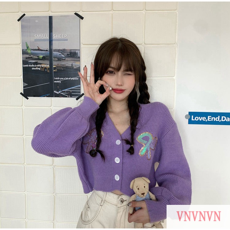 Áo Khoác Cardigan Dệt Kim Màu Tím Xinh Xắn Cho Nữ