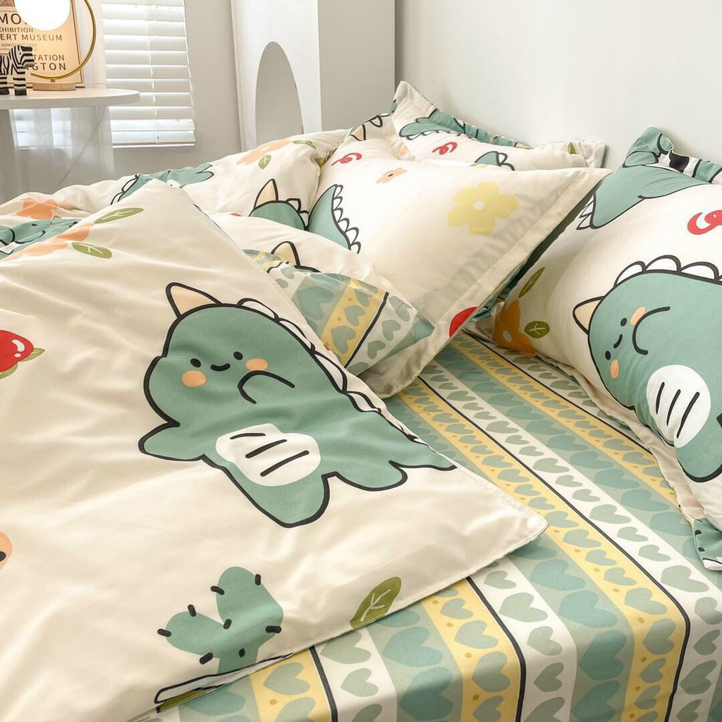 Bộ chăn ga gối cotton poly đáng yêu drap giường chun bọc đủ size - Mẫu khủng long tim xanh.