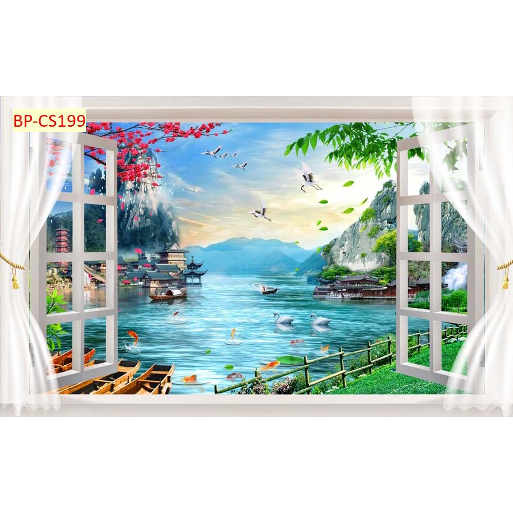 Tranh dán tường 3D khung cửa sổ thiên nhiên trong lành