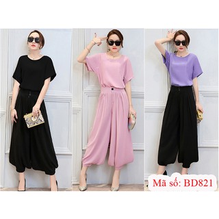 Set nguyên bộ áo cổ tròn quần ống rộng xếp ly