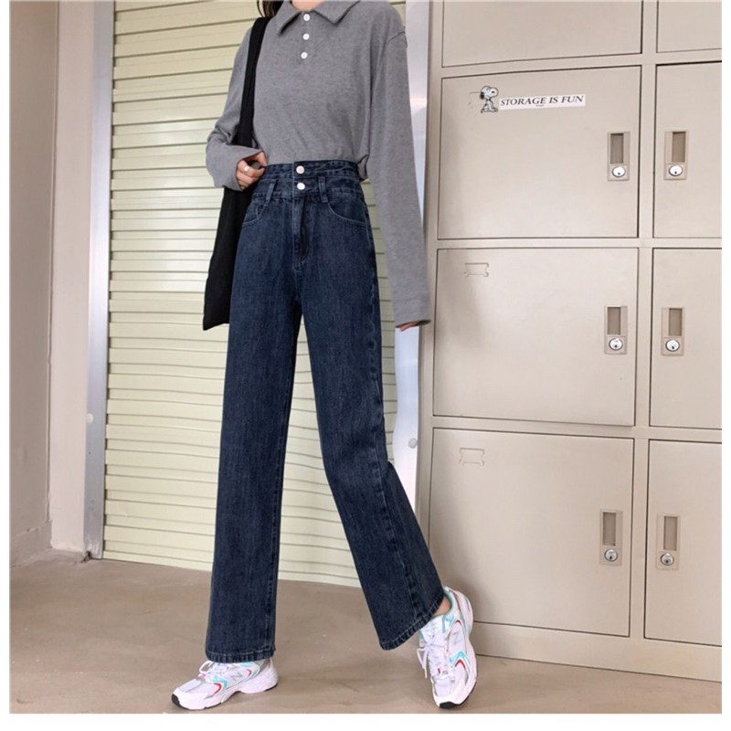 Quần jean xanh nữ dài cạp cao hai cúc, quần jean ống suông nữ phong cách hàn quốc Q1 Shop Hạt Dẻ