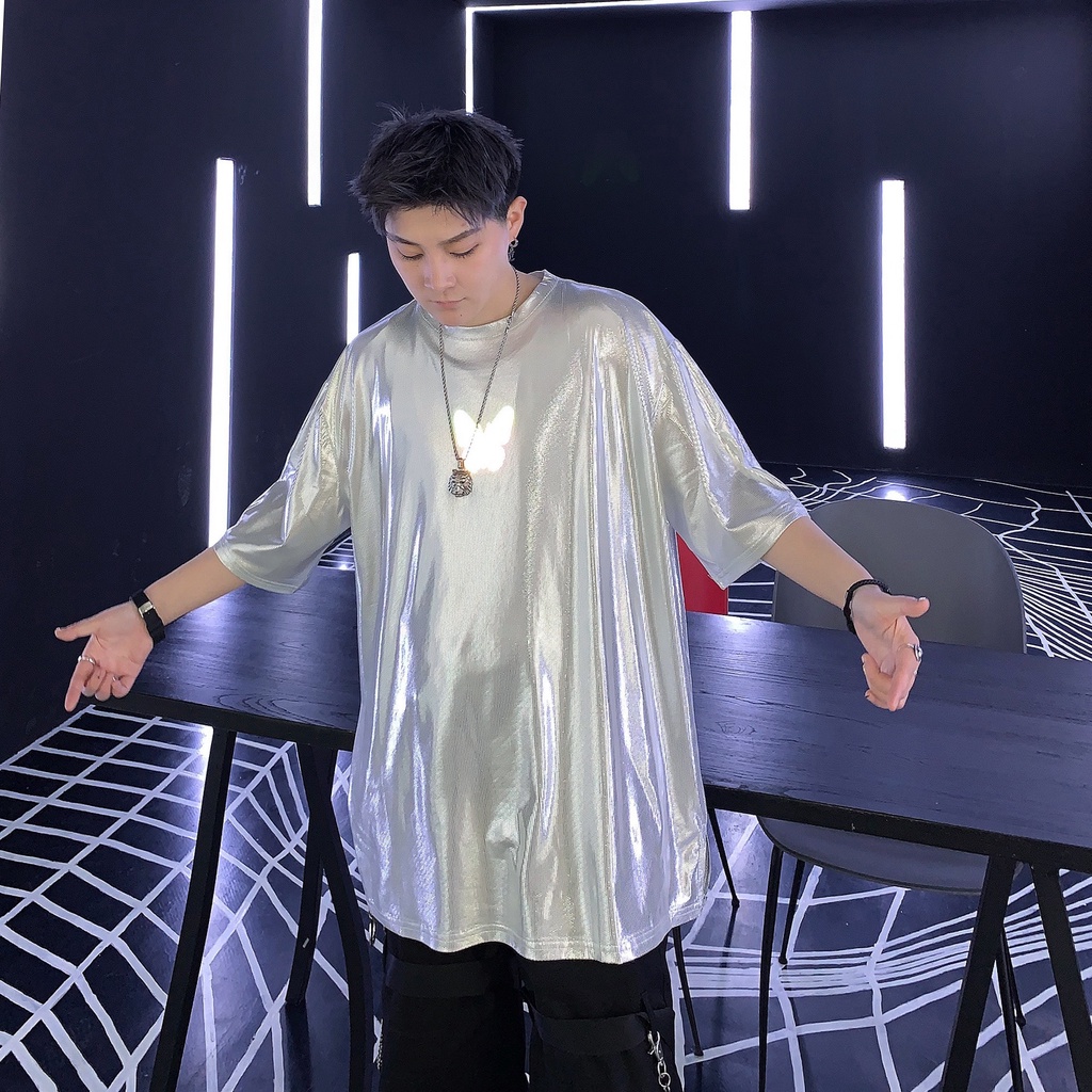 Áo Thun Tay Ngắn Cổ Tròn Đính Kim Sa Phản Quang Phong Cách Hàn Quốc Thời Trang Mùa Hè Cho Nam Giới 5 Màu Lựa Chọn