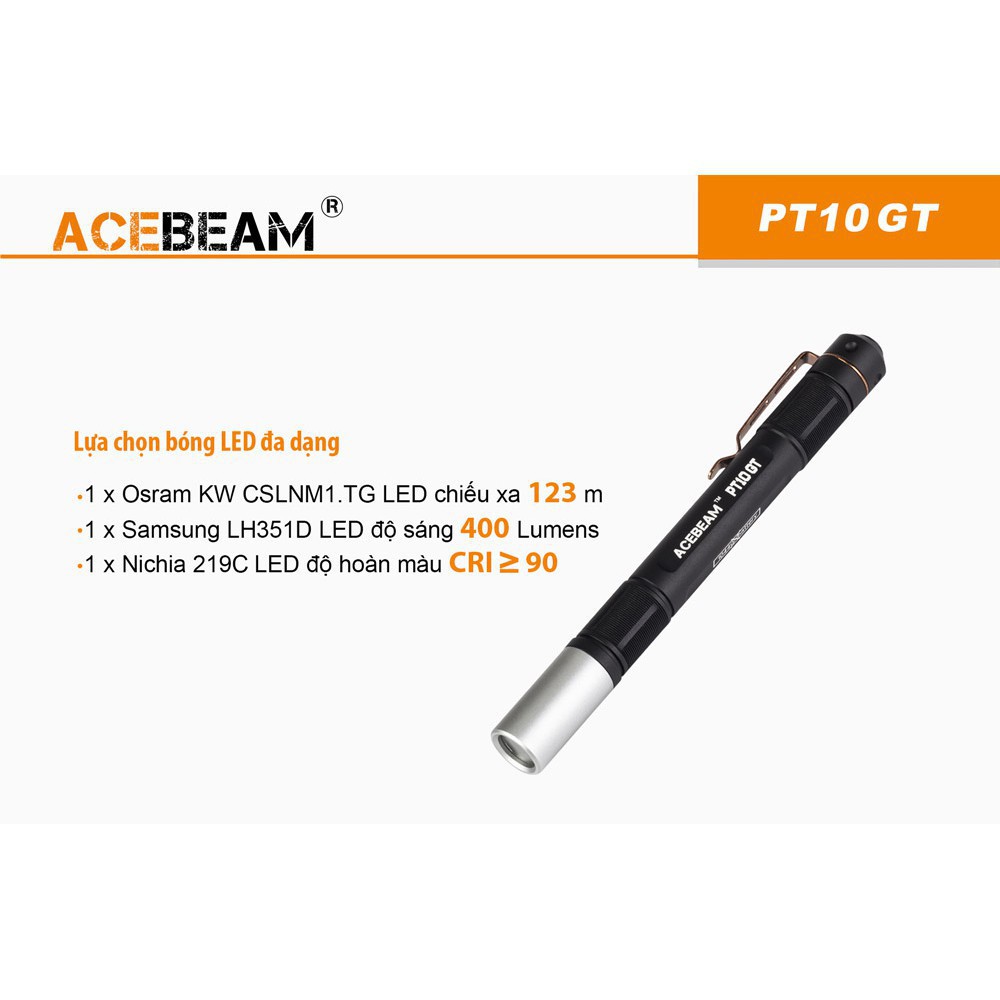 Đèn bút ACEBEAM PT10GT LED OSRAM sáng 250lumen chiếu xa 123m pin Li-ion 10900 USB kèm theo Đèn &amp; Đèn pin