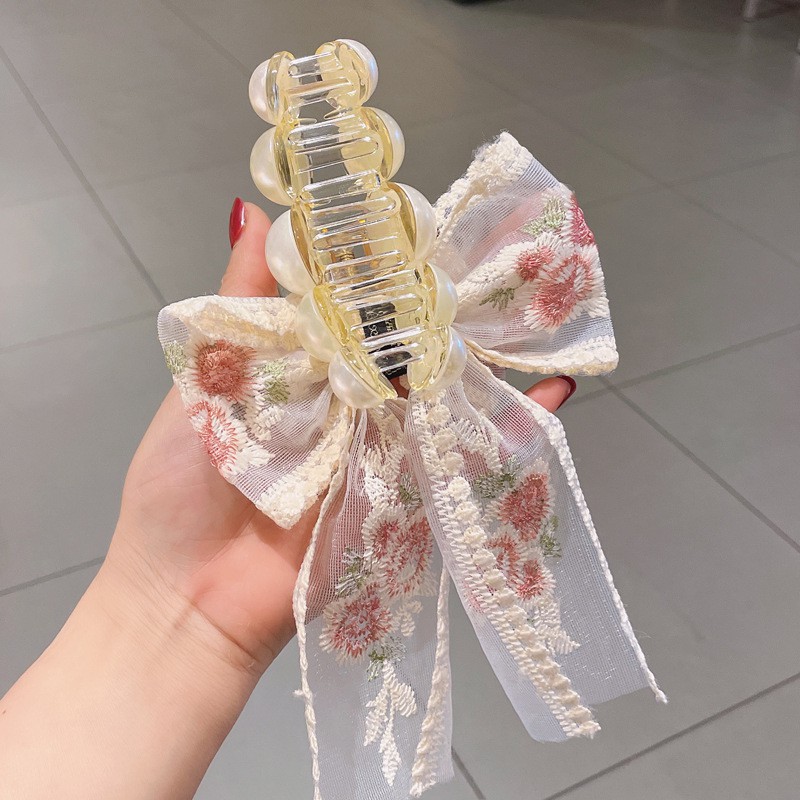 Kẹp Tóc Nơ Lớn Thêu Họa Tiết Hoa Hồng Phối Ren Xinh Xắn Thời Trang