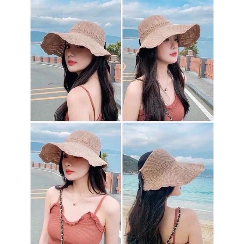 Mũ, nón cói nửa đầu HANA đi biển vành rộng chống nắng thắt nơ Hàn Quốc có thể cuộn lại