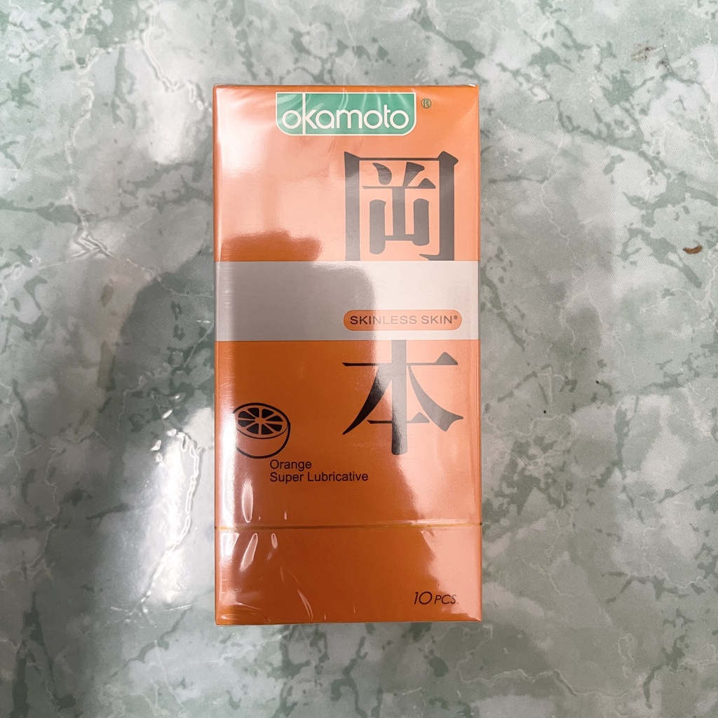 - Bao Cao Su Okamoto Skinless Skin Orange Lubricated, Bao siêu mỏng, dẻo dai, ngọt ngào Hương Cam  - Hộp 10c