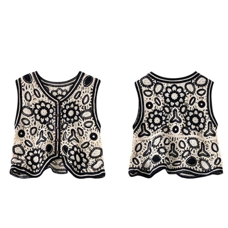 Áo Sweater Dệt Kim Không Tay Cổ V Cài Nút Họa Tiết Hoa Lá Thời Trang Mùa Xuân Cho Nữ