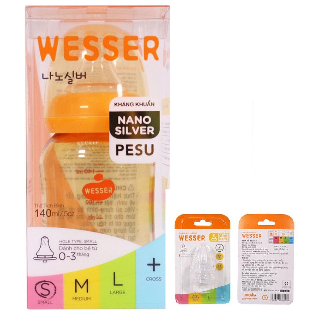 Bộ Bình sữa Wesser PESU 140ml + Núm vú Wesser Cổ hẹp size M