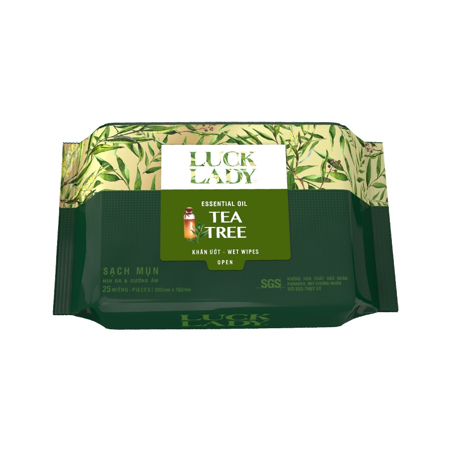 Khăn giấy ướt Luck Lady Tea Tree 25 tờ tiết chế da dầu và ngăn ngừa mụn Tinh dầu tràm trà