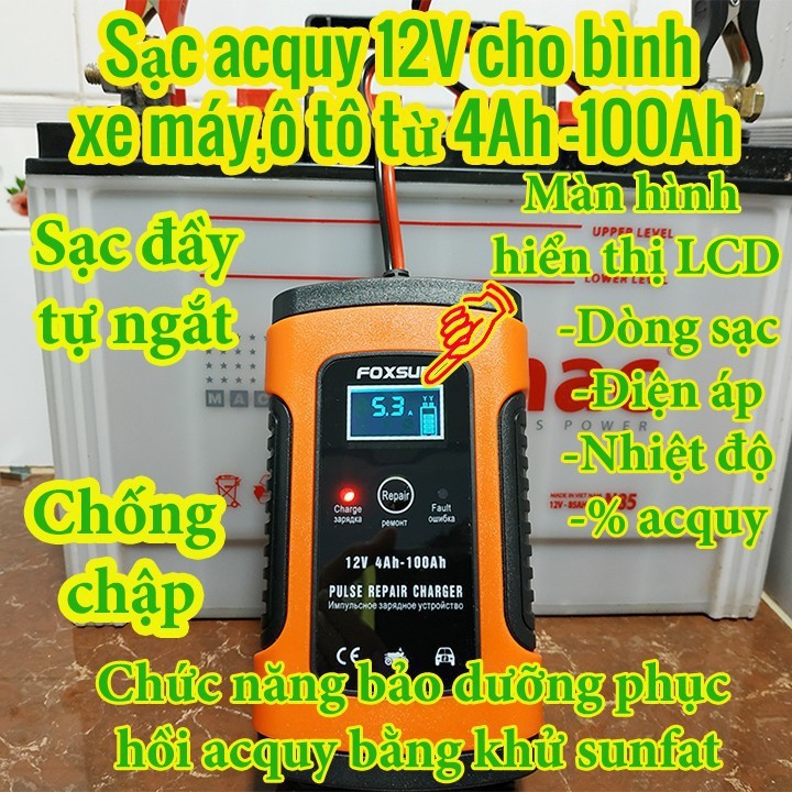 Sạc acquy 12v từ 4Ah-100Ah có chức năng phục hồi acquy bằng khử sunfat màu cam