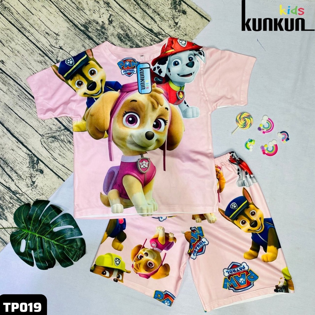 Quần áo bé gái thun lạnh in hoạt hình chó cứu hộ hồng cộc tay size từ 10kg-40kg KunKun TP019