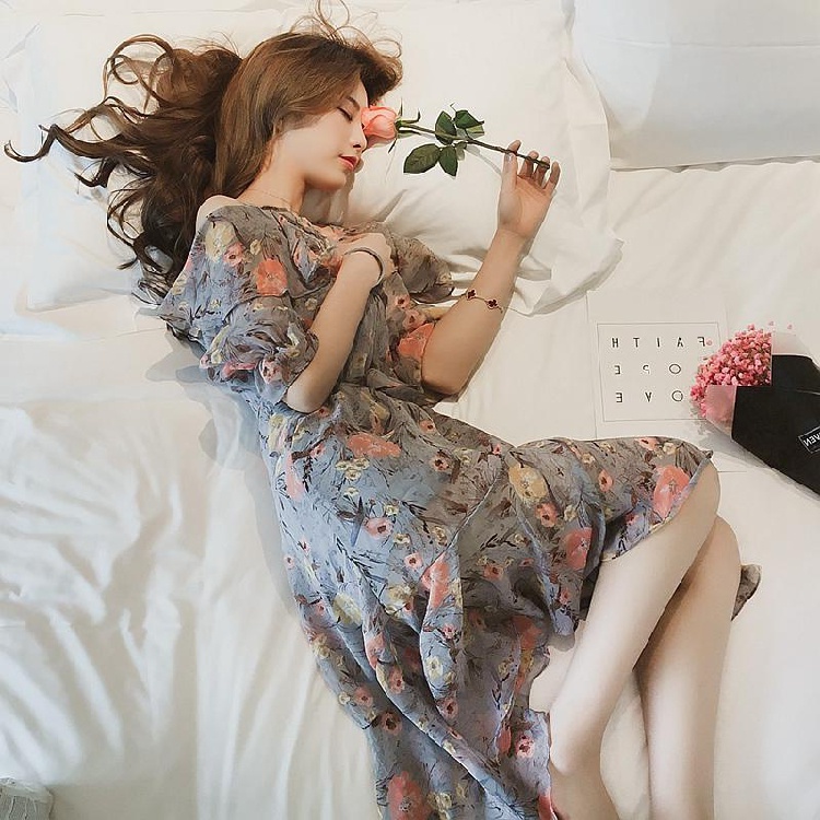 {video} Váy nữ trễ vai hoa nhí phong cách vintage bánh bèo, Đầm tiểu thư ulzzang dáng xòe dự tiệc Da102