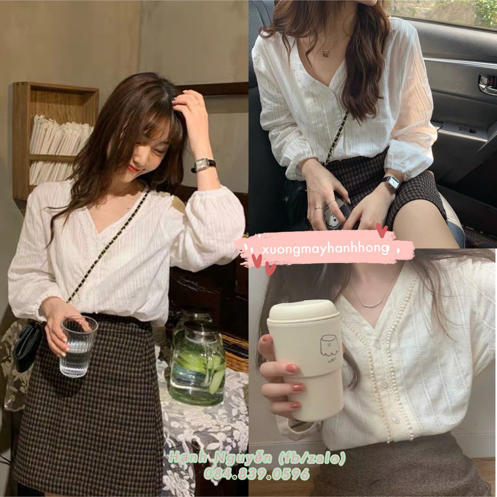 Áo sơ mi viền cổ hạt gạo cực xinh