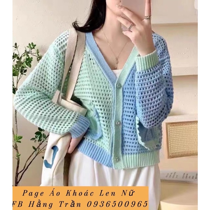 Áo khoác len nữ lửng lổ thưa mát phối màu như hình.