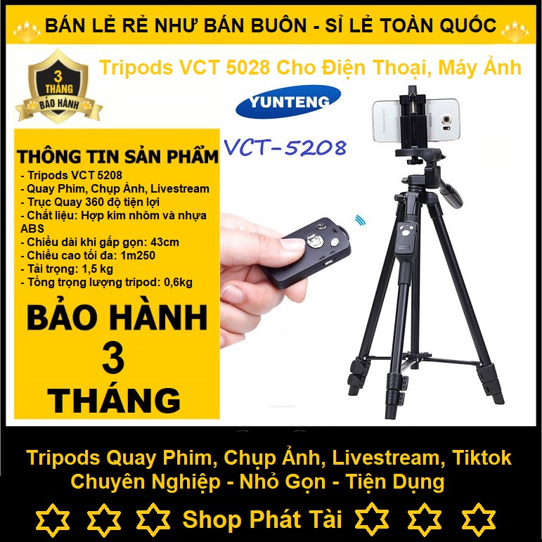 Giá Đỡ Điện Thoại, Chân Máy Ảnh Camera Livestream Chuyên Nghiệp Chính Hãng Yunteng VCT 5208 | BigBuy360 - bigbuy360.vn